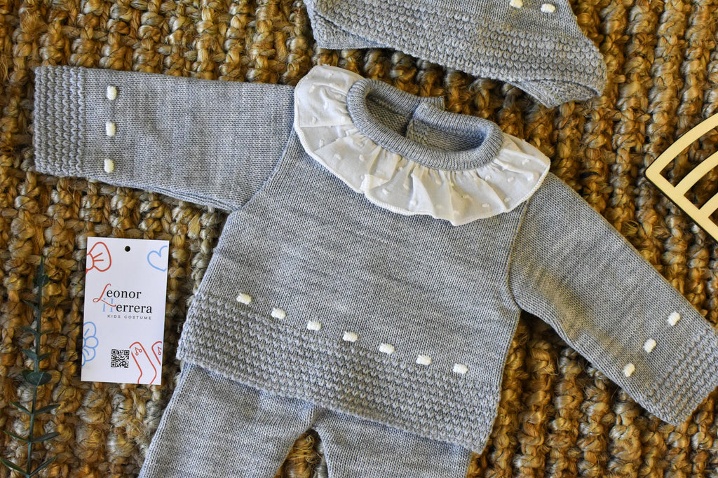 Knit Lines with Embroidered Neck in Grey