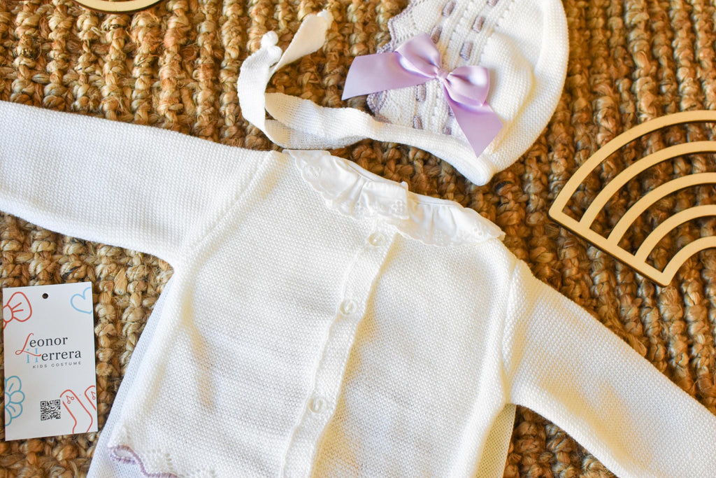 Knit Newborn Girl with Bow in White - Purple