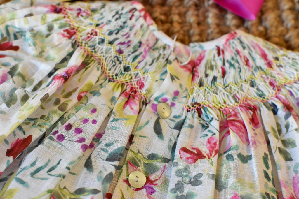 Smocked Dress Flowers Fucsia