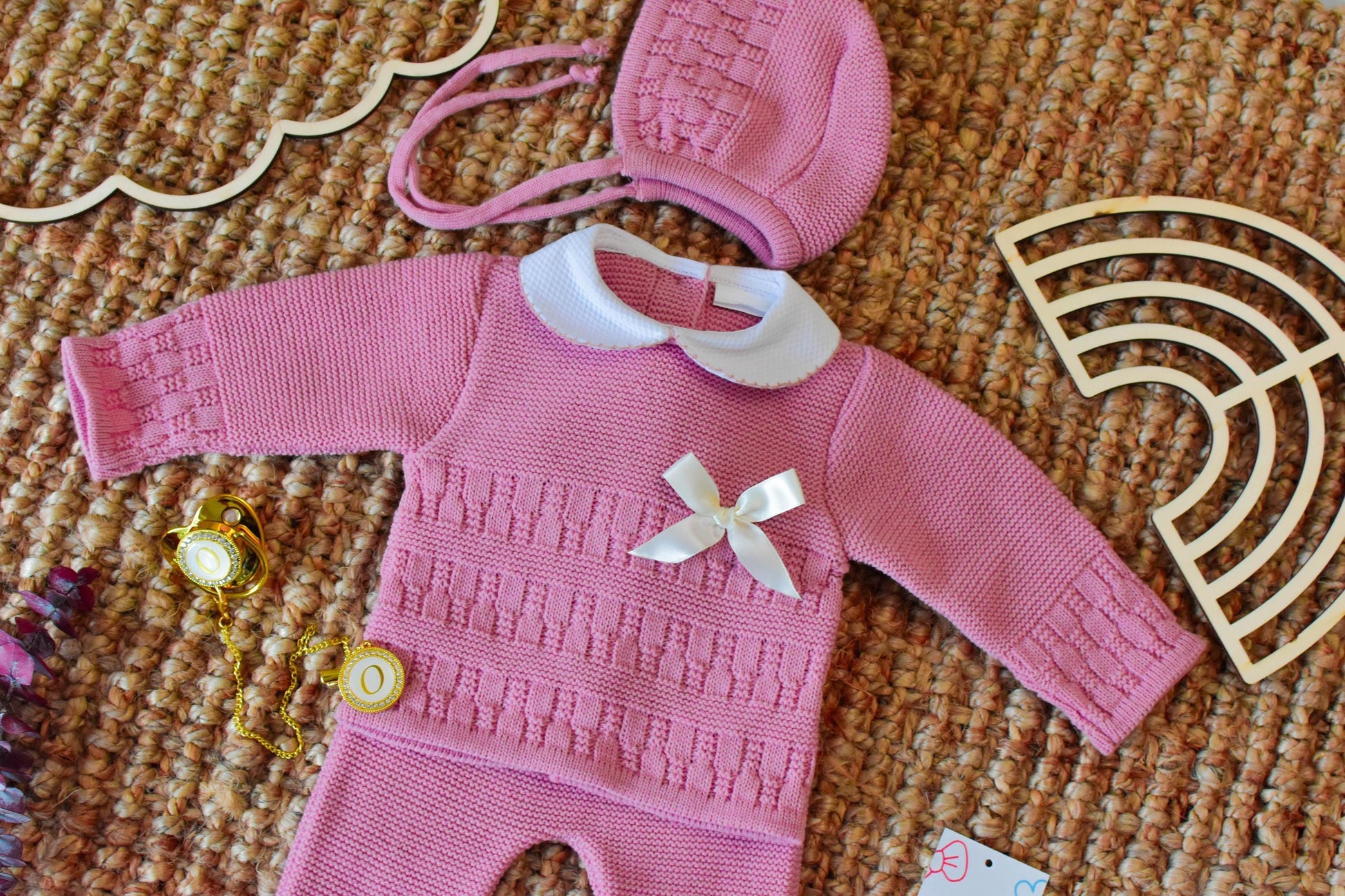 Knit Embroidered Set in Old Pink
