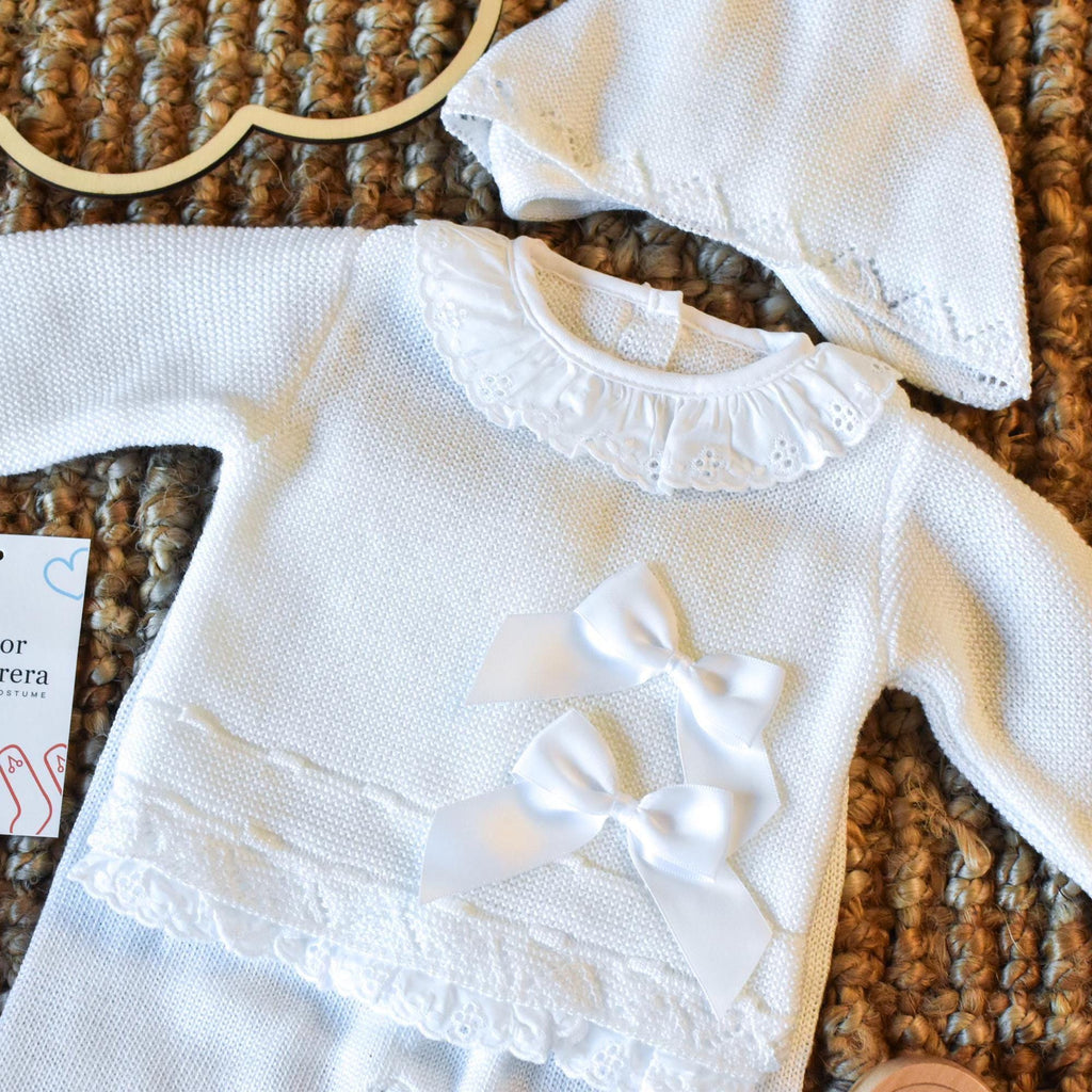 Newborn Knit Bow with Embroidered Strip in White