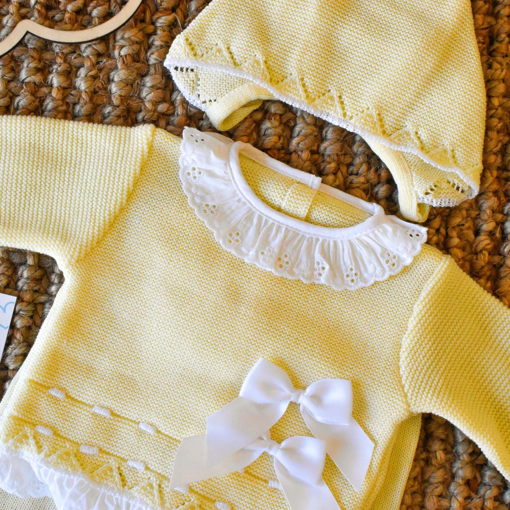 Newborn Knit Bow with Embroidered Strip in Yellow