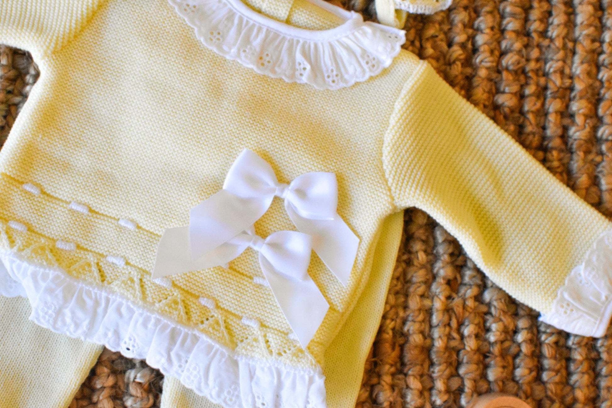Newborn Knit Bow with Embroidered Strip in Yellow