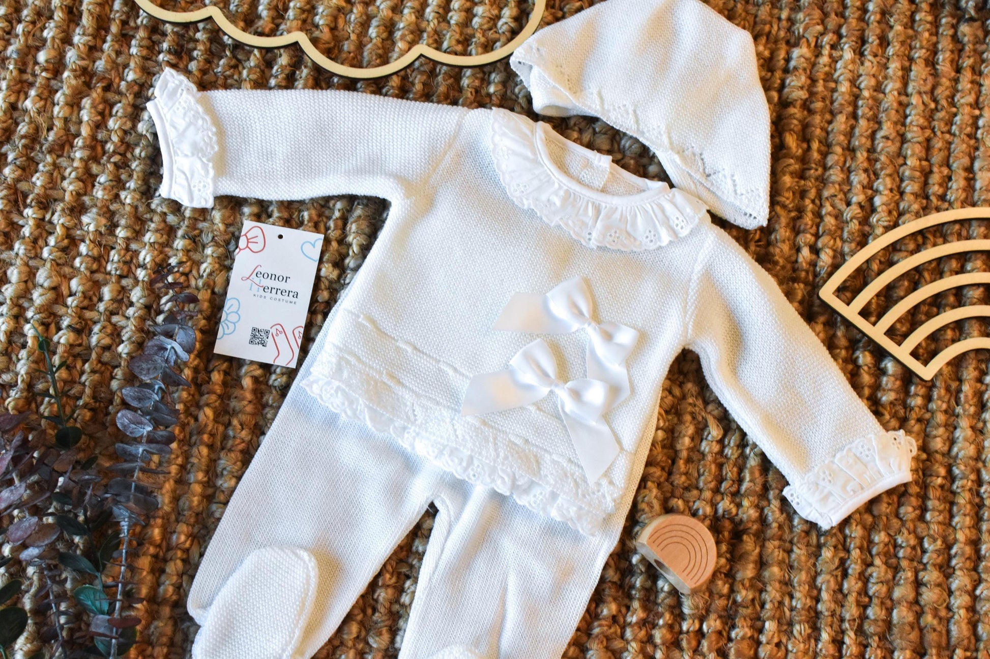 Newborn Knit Bow with Embroidered Strip in White