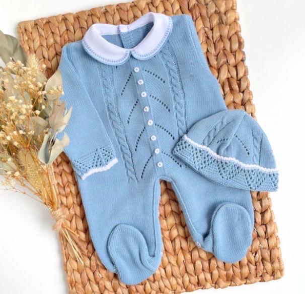 Newborn Baby blue boy knitted tricot primera puesta Knit Lines Embroidered in Blue Spanish Style hospital outfit