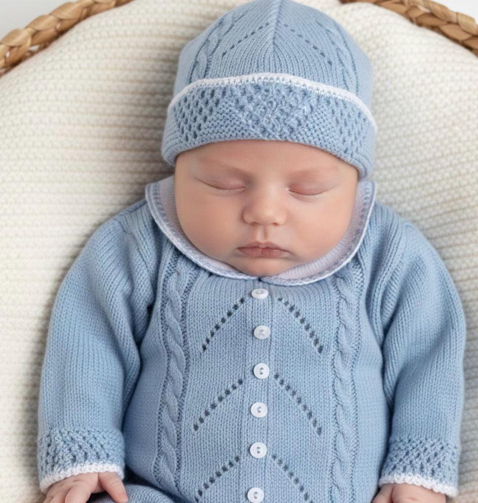 Newborn Baby blue boy knitted tricot primera puesta Knit Lines Embroidered in Blue Spanish Style hospital outfit
