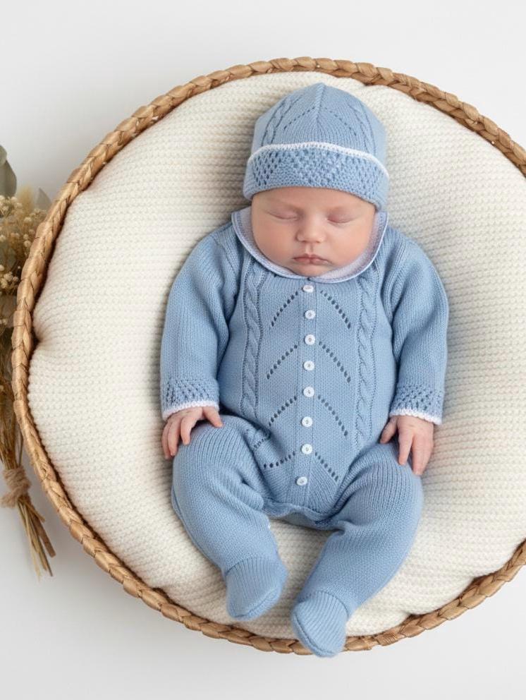 Newborn Baby blue boy knitted tricot primera puesta Knit Lines Embroidered in Blue Spanish Style hospital outfit