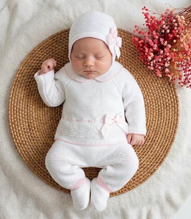 Girl tricot Newborn Going Home Knit Set Beige Baby hospital outfit First Cloth Primera puesta bebe